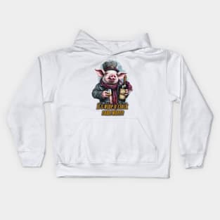 it's wine o'clock somewhere Pig wearing a jacket holding a Glass and bottle of wine Kids Hoodie